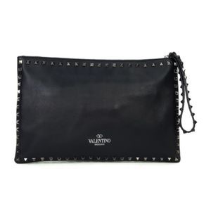 Valentino Garavani Rockstud Black Leather Studded Zipped Pouch Clutch Bag